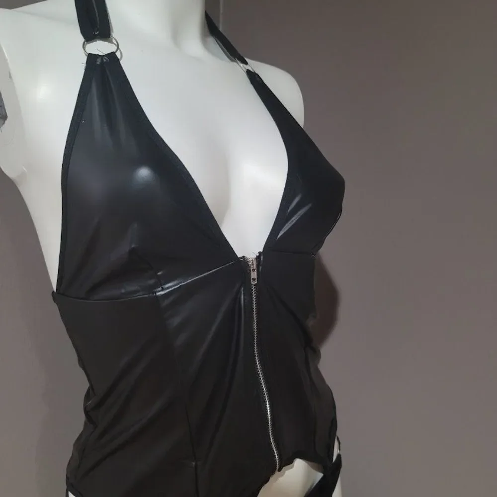 Vegan  Leather Solid Zipper Front Garter Lingerie Set